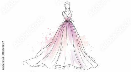Elegant fashion illustration of a woman in a beautiful pink and purple ombre watercolor gown. A hand-drawn sketch for bridal or evening wear design.