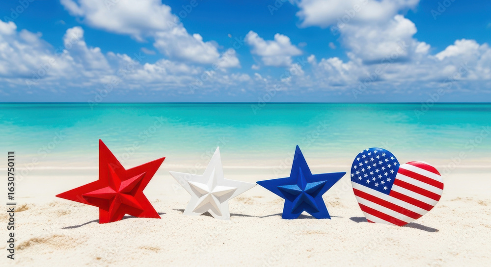 Naklejka premium Festive american stars and heart decorations on a sandy beach with turquoise ocean and blue sky