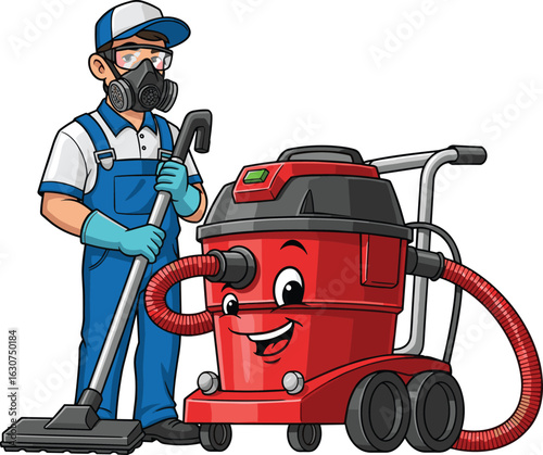 Cartoon cleaner character using happy vacuum, colorful cleaning equipment, cheerful sanitation concept, professional worker illustration for housekeeping, janitor services and hygiene
