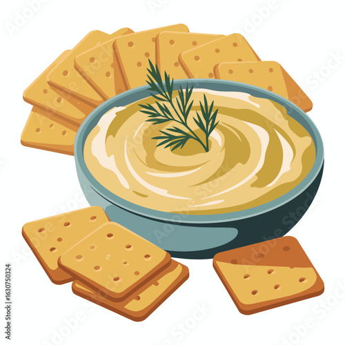 Bowl of creamy dip with crackers and dill garnish
