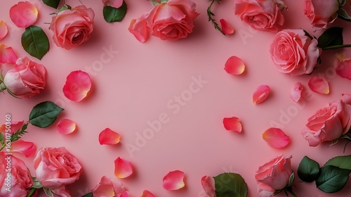 Pink Roses and Petals Arranged on a Pastel Background for a Romantic Decoration