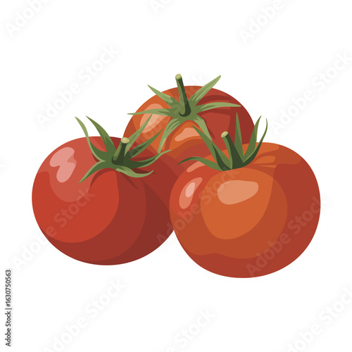 Three ripe red tomatoes with green stems on a white background