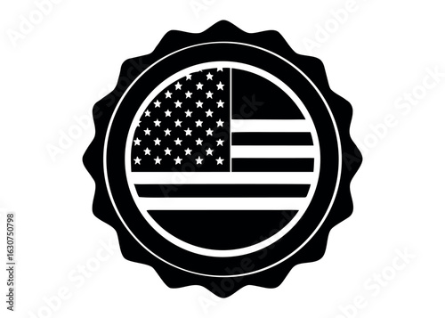 Circular American flag emblem with jagged edges and star field silhouette