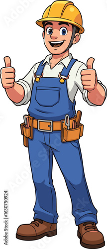Cartoon construction worker, blue overalls, yellow hard hat, thumbs up, tool belt, professional builder, tradesman character, safety gear, vector clipart