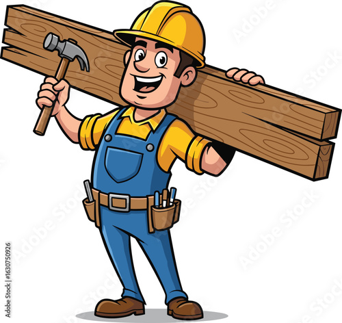Cartoon construction worker carrying wooden planks, wearing hard hat and tool belt, holding hammer, DIY builder, vector illustration for renovation