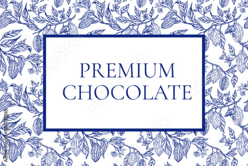 Cocoa plant set, clipart, collection of coca plant illustrations, Toile de Jouy, herbs, botanical banner copy space, leaves, flowers. Floral design for chocolate, cacao, healthy food, sweet, tasty