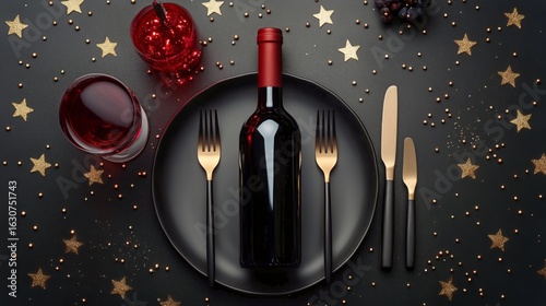 Elegant Dining Setup With Wine Bottle and Gold Cutlery for a Festive Celebration