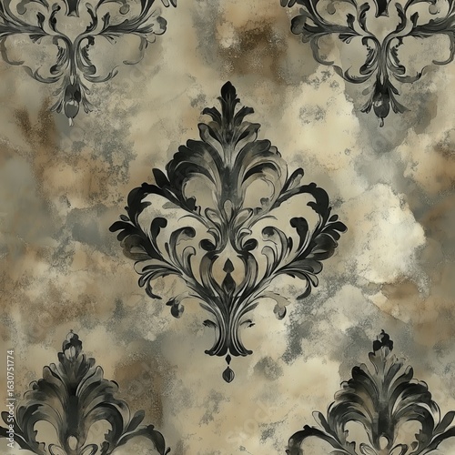 Elegant Black and Beige Damask Pattern for Interior Design Projects and Decor