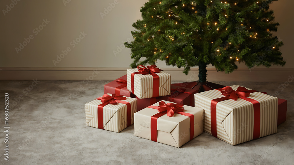 Obraz premium Presents under a Christmas tree, festive and ready. 