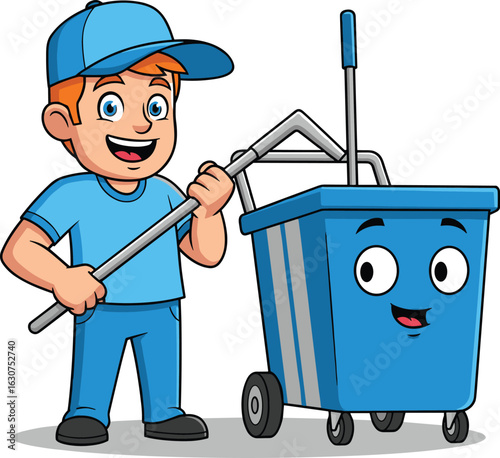 Cartoon janitor character, blue uniform, holding mop, smiling trash bin, sanitation worker illustration, cleaning service icon, vector style, cheerful pose