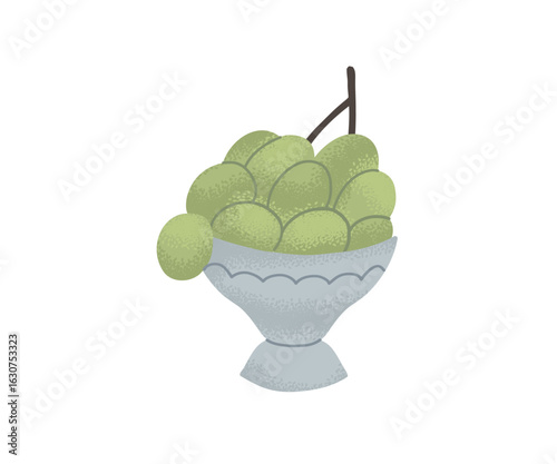 Bunch of green grapes in a decorative bowl, minimal vector illustration.