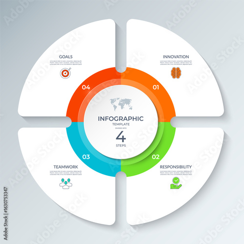 Modern circular infographic vector diagram divided into 4 steps. Each section includes icons, numbers, text placeholders. Can be used for business strategy, corporate presentations or project planning
