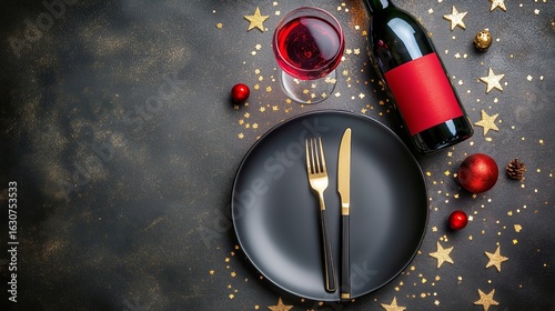 Festive Dinner Table Setting With Wine Glass, Bottle, and Decorative Elements...