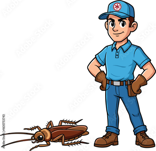 Cartoon pest control professional standing with cockroach, exterminator character illustration for insect removal, bug management, hygiene safety and sanitation service
