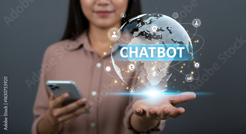 Woman Holding Smartphone Shows Chatbot Global Network