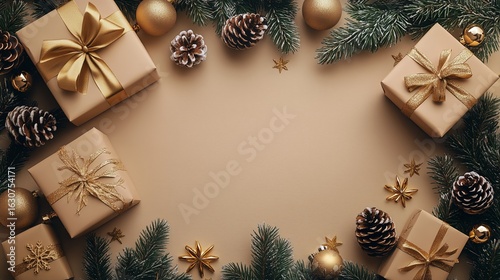 Holiday Decorations Featuring Gifts and Pinecones With Evergreen Branches on ...