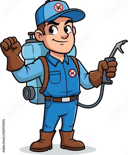 Cartoon pest control technician, sprayer backpack, blue uniform, exterminator character, professional service icon, pest control logo, illustration, gloves, boots