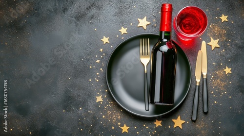 Festive Dinner Table Setting With Wine Glass, Bottle, and Decorative Elements...