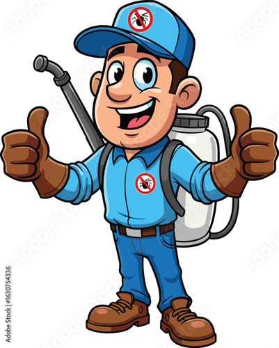 Cartoon pest control worker in blue uniform giving thumbs up, insect exterminator illustration, professional sanitation, hygiene service, pest management vector