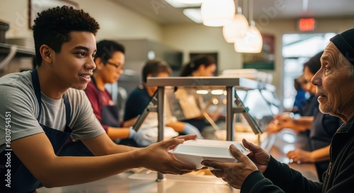 Volunteers Serving Food to People in Community Kitchen