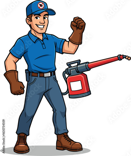 Cartoon pest control worker, spray equipment, blue uniform, professional exterminator illustration, insect removal expert, sanitation service, vector character, isolated clipart