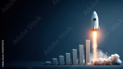 Rocket launches into the air above a growing bar graph symbolizing progress and innovation