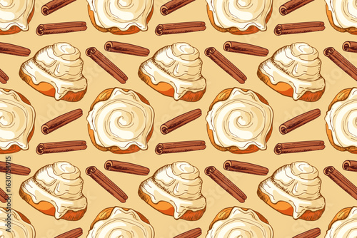 Seamless Pattern with Cinnabon color sketch on beige background, Pastry sweet bakery. Bun with cinnamon stick. Vector bun with icing Repeated background for wallpaper, wrapping, textile, scrapbooking