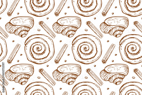 Seamless pattern of cinnamon roll and cinnamon sticks in doodle sketch style. Vector bakery foods, sweet nutrition snack. Repeated background for wallpaper, wrapping, packing, textile, scrapbooking.