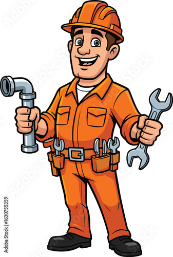 Cartoon plumber in orange uniform with pipe wrench, construction handyman, plumbing repair expert, sanitation worker illustration, vector clipart, service icon