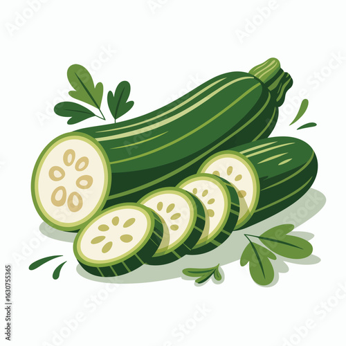 Fresh zucchini sliced and whole with green leaves