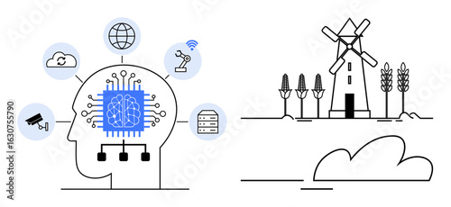 Human head with AI chip linking tech icons thumbs up cloud and robots beside windmill, crops, and fields. Ideal for AI, agriculture, sustainability, automation, technology, innovation farming