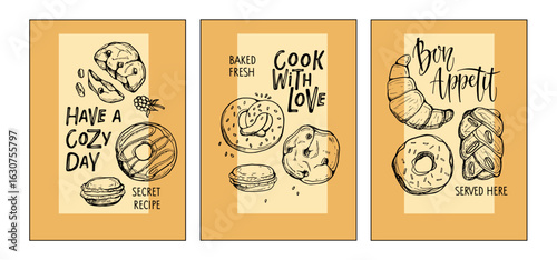 Kitchen Posters with bakery snacks. Cook with Love lettering with different versions of bakery products in sketch style. Set of three Typography poster for kitchen art, menu, shop, cafe, recipe books.