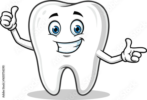 Cartoon tooth character, big blue eyes, wide smile, thumbs up gesture, pointing hand, white enamel, dental mascot, isolated design, friendly expression, vector art