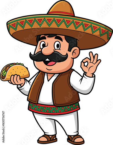 Wallpaper Mural Mexican cartoon character, traditional outfit, sombrero hat, holding taco, making OK gesture, festive vector, cultural food illustration, cheerful pose, mustache Torontodigital.ca