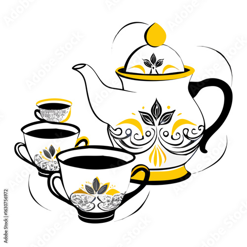 Teapot and teacup set with ornate black and yellow design  