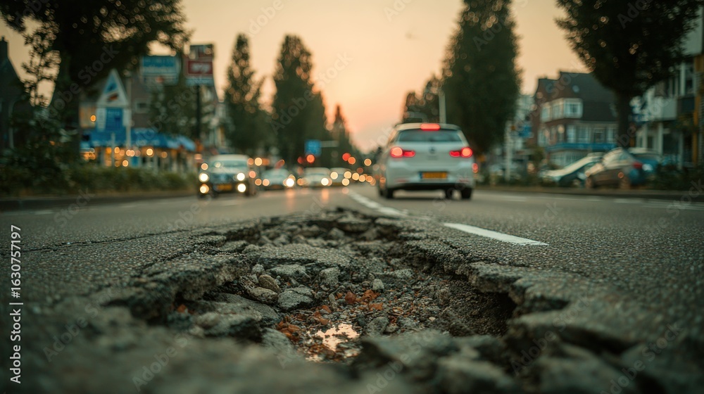 Obraz premium Damaged road, cars passing