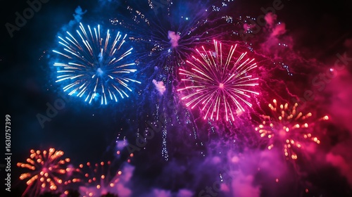 Colorful Fireworks Display Over a City Skyline at Night During a Festive Cele...