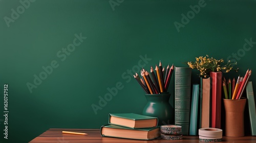 Colorful Pencils and Books on a Wooden Shelf Against a Green Wall in a Cozy I...