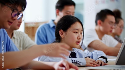 Young Asian Students Engaged in Collaborative Learning with Laptops in a Modern Classroom