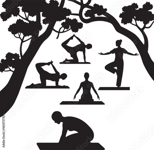 various yoga poses in a serene outdoor black silhouette illustration with white background.