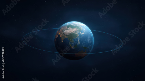 A detailed view of Earth surrounded by a faint orbit, showcasing continents and oceans against a starry background.