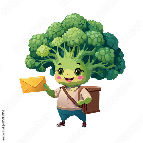 anthropomorphic broccoli delivering mail