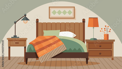 A guest bedroom with a rustic wooden headboard a metal side table and a cozy knit throw blanket.