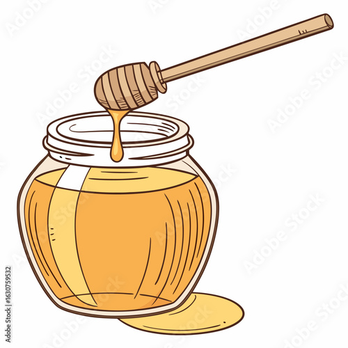 Illustration of a glass jar filled with golden honey and a wooden dipper
