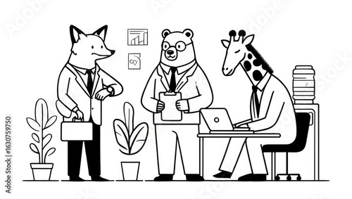 Cartoon office animals like fox, bear, and giraffe in a business meeting setting. Whimsical modern humor. Generative AI.