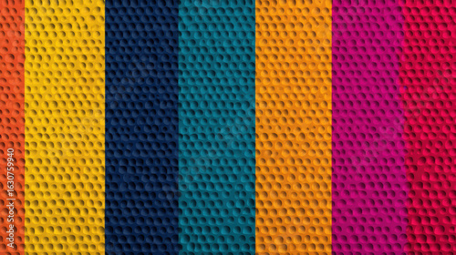 A vibrant, textured surface featuring colorful, perforated patterns in vertical stripes, showcasing a blend of bright hues.