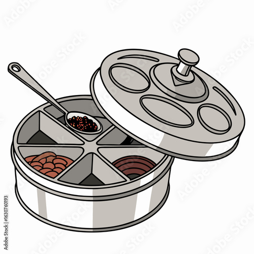 Illustration of a stainless steel masala dabba spice box