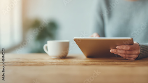 A person sits at a wooden table, holding a tablet with a coffee cup nearby, enjoying a cozy, productive moment.