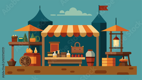 A mini replica of a marketplace from a different time period with informative signs and artifacts showcasing the daily life and trade of that time.