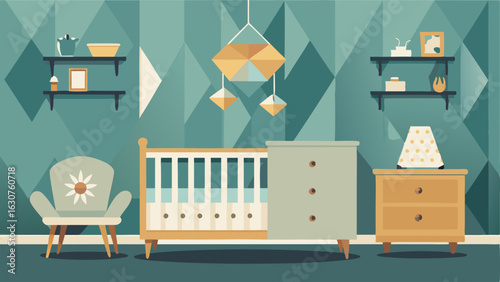 A nursery with a modern crib and playful geometric wallpaper but the changing table is an old dresser repurposed with a weathered worn finish.